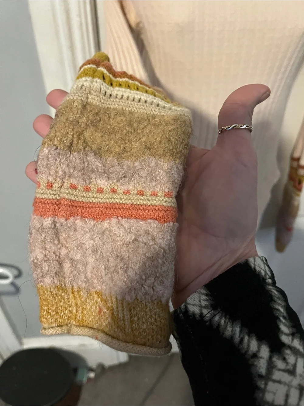 Free People Soft Peach Turtleneck Sweater with Patterned Cuffs Arm Warmer